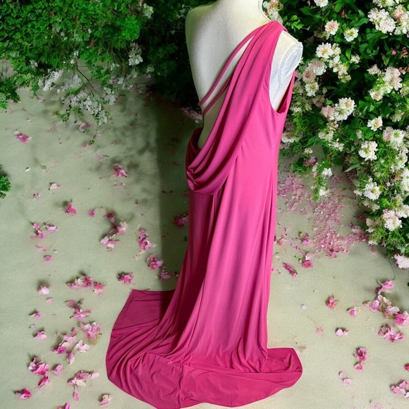 NWT IEENA for Mac Duggal ‘Jersey One Shoulder Draped Back Gown’ in Candy Pink 10 - Picture 10 of 16